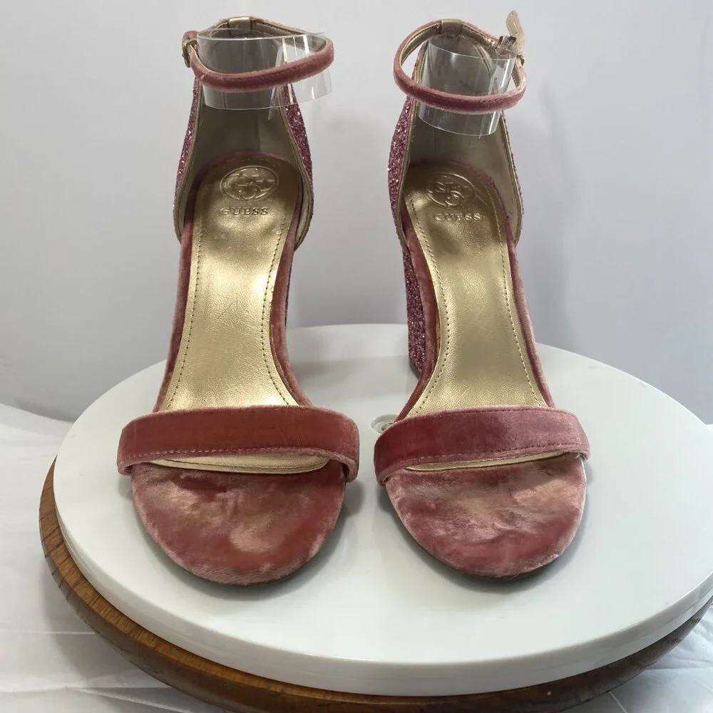 Guess Glitter Party Wrap BamBam Velvet Ankle Strap Block Heel Sandals 8.5 Pink‎